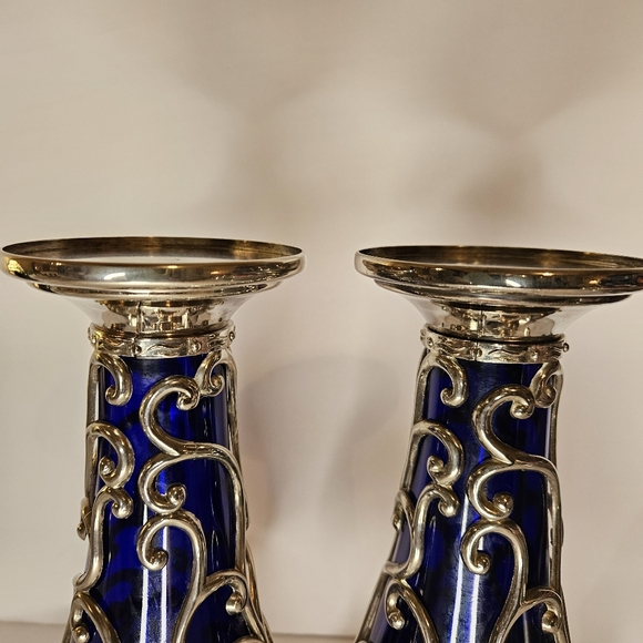 RARE VINTAGE COBALT BLUE GLASS SILVER CANDLE HOLDERS CANDLESTICK CANDELABRA - Picture 4 of 6